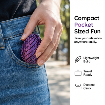 Purple scaled egg tucked into the front pocket of blue jeans, showing how compact it is to carry. 6