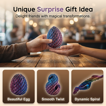 One hand passing the egg to another across a café table, with three smaller views of the egg, a twist and a spiral below. 7