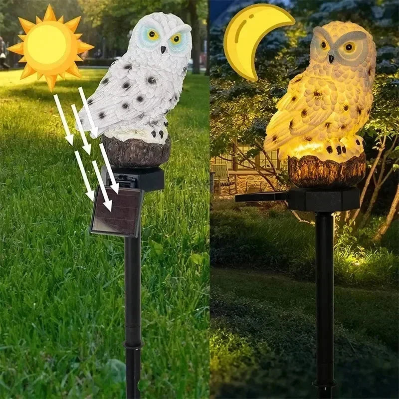 Owl light by day with arrows showing sunlight reaching the solar panel, beside the same owl glowing at night. 6