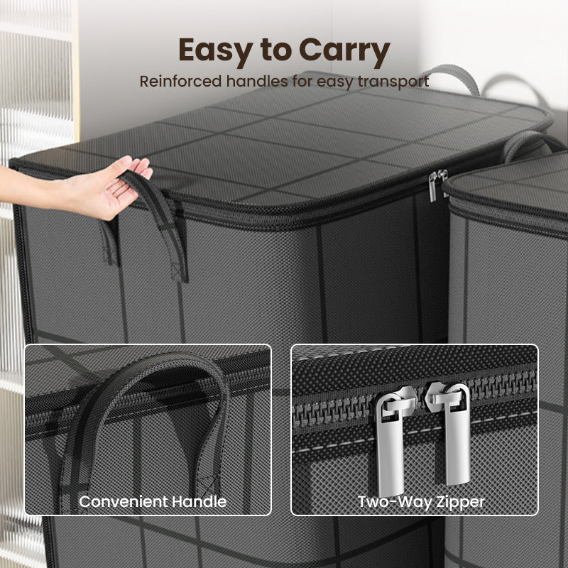 Close-up of a hand lifting the reinforced carry handle, with detail panels of the handle and the silver two-way zip. 8