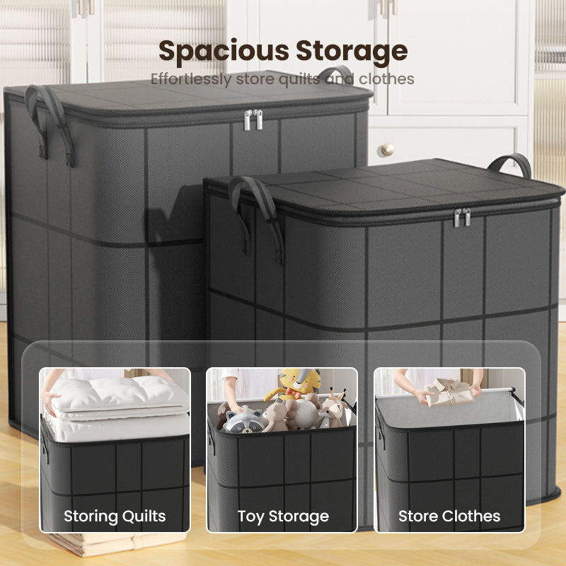 Two dark storage bags of different sizes, with inset photos of quilts, soft toys and clothes being stored inside. 7