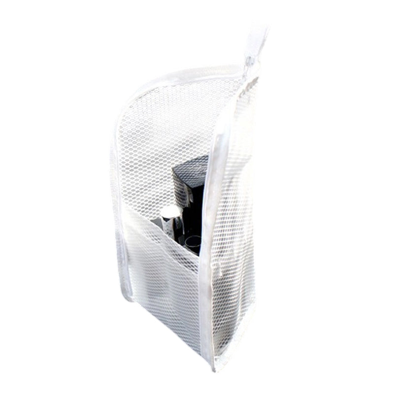 White mesh pouch on a plain white background, seen from the side with dark toiletry items showing through the open front pocket. 8