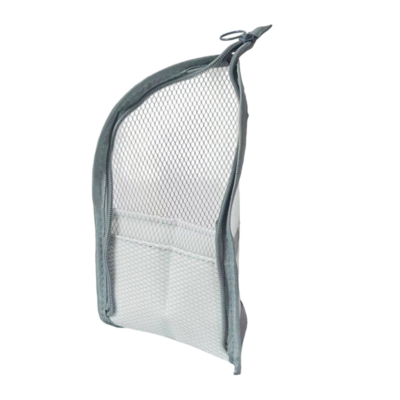 Grey-edged mesh pouch on a white background, showing the curved zip opening, ring pull and a divided front pocket. 10