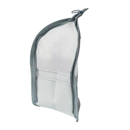 Grey-edged mesh pouch on a white background, showing the curved zip opening, ring pull and a divided front pocket. 10