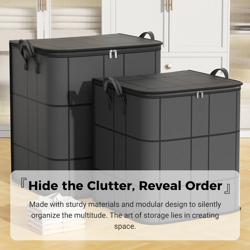 Two dark grid-patterned storage bags side by side in front of white cabinets, with a folded white shirt in the foreground. 11