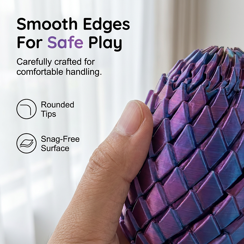 Close-up of a thumb pressed against the purple scaled surface, showing the rounded scale tips and smooth edges. 3