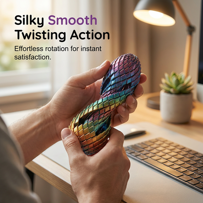 Two hands twisting the egg into a long spiral shape, its scales shimmering in rainbow tones, beside a desk lamp and keyboard. 4