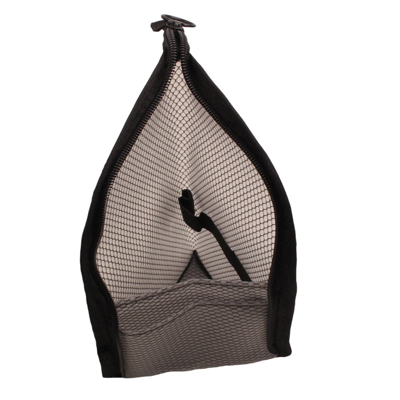 Black-edged mesh pouch opened wide on a white background, showing its grey front pocket and a strap inside. 11