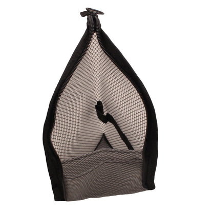 Black-edged mesh pouch opened wide on a white background, showing its grey front pocket and a strap inside. 11