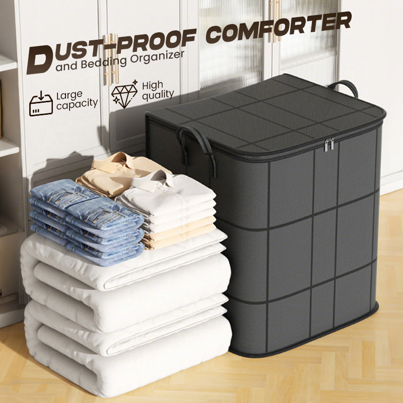 Dark storage bag next to stacked quilts, folded jeans and shirts in front of white cabinets, shown as a bedding organiser. 6