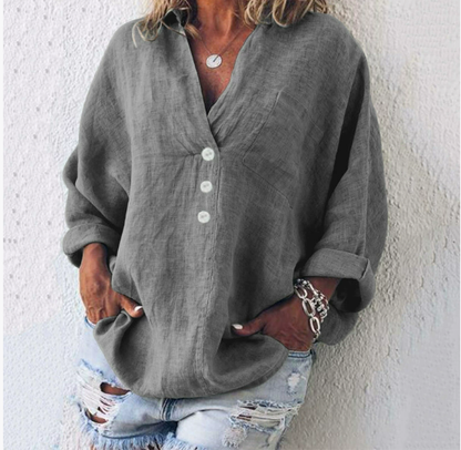 Autumnal women's linen blouse with button placket and V-neck – Elodie