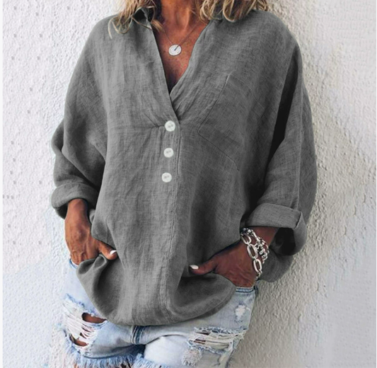Autumnal women's linen blouse with button placket and V-neck – Elodie