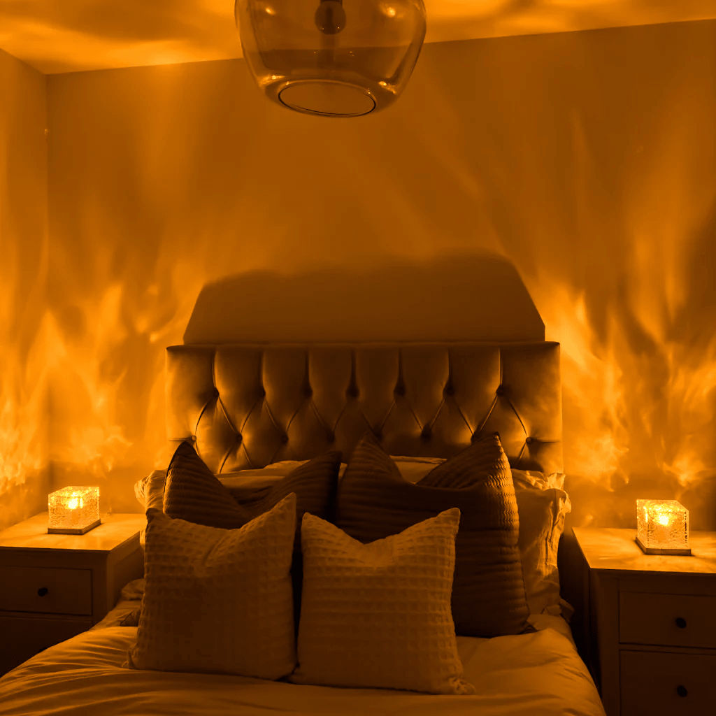 Two cube lamps on bedside tables cast flame-like amber light waves across the walls of a bedroom with a tufted headboard. 2