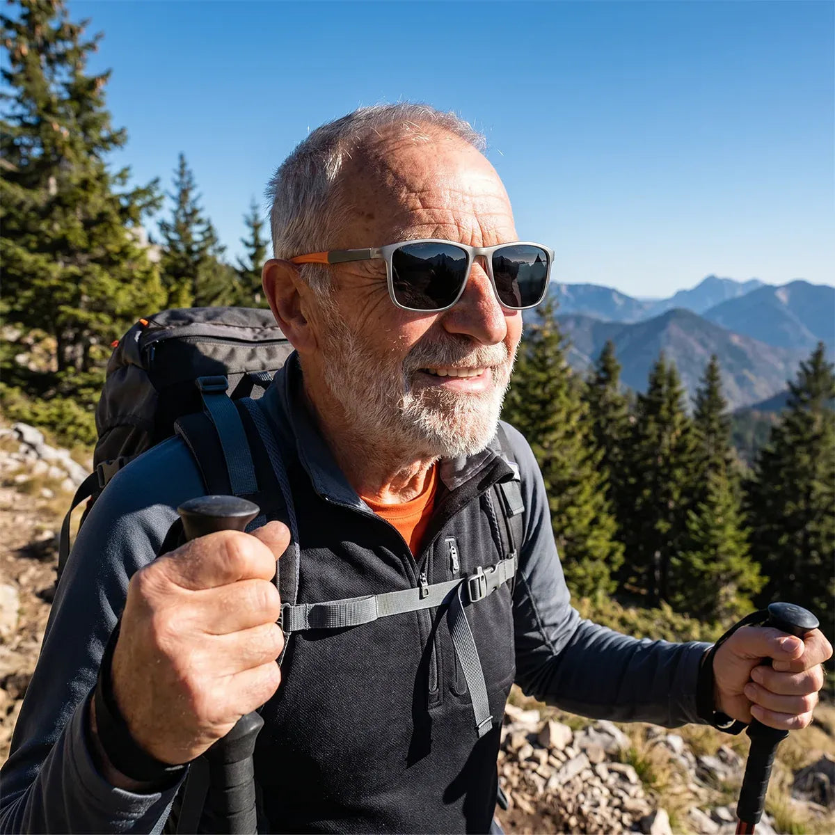 Older bearded hiker with trekking poles and a rucksack wearing the frames with dark lenses on a sunny mountain trail. 5