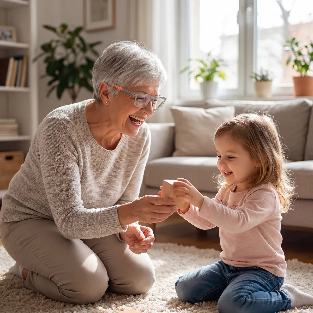 Smiling grey-haired woman wearing the grey and orange glasses, kneeling on a rug and handing a wooden block to a toddler. 4