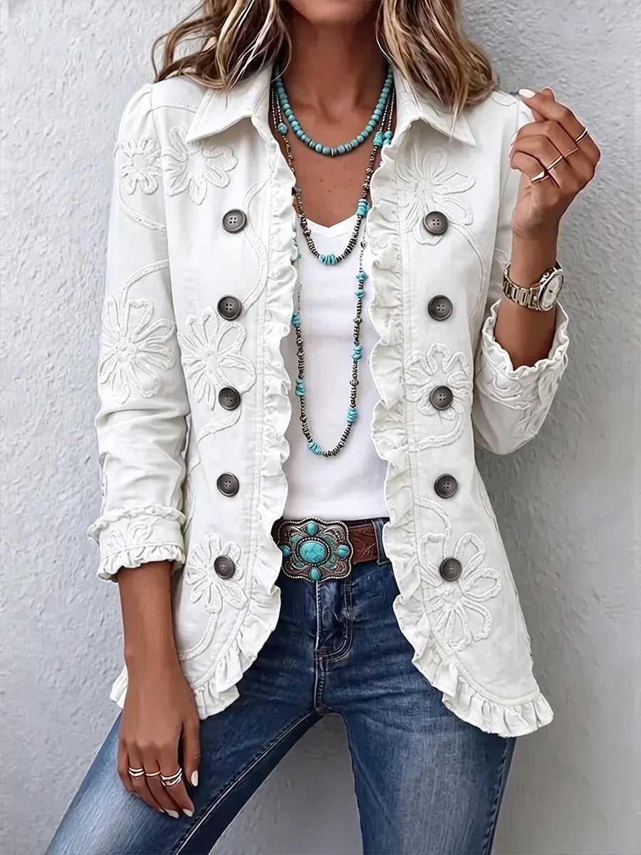 Floral Embroidered Utility Jacket - Vintage Boho Style with Ruffle Trim 8
