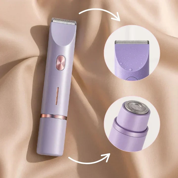 Lilac trimmer on beige satin with two circular close-ups showing the water-beaded trimming head and the round foil shaver head. 12