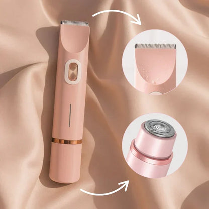 Pink trimmer on peach satin with two circular close-ups showing the water-beaded trimming head and the round foil shaver head. 3
