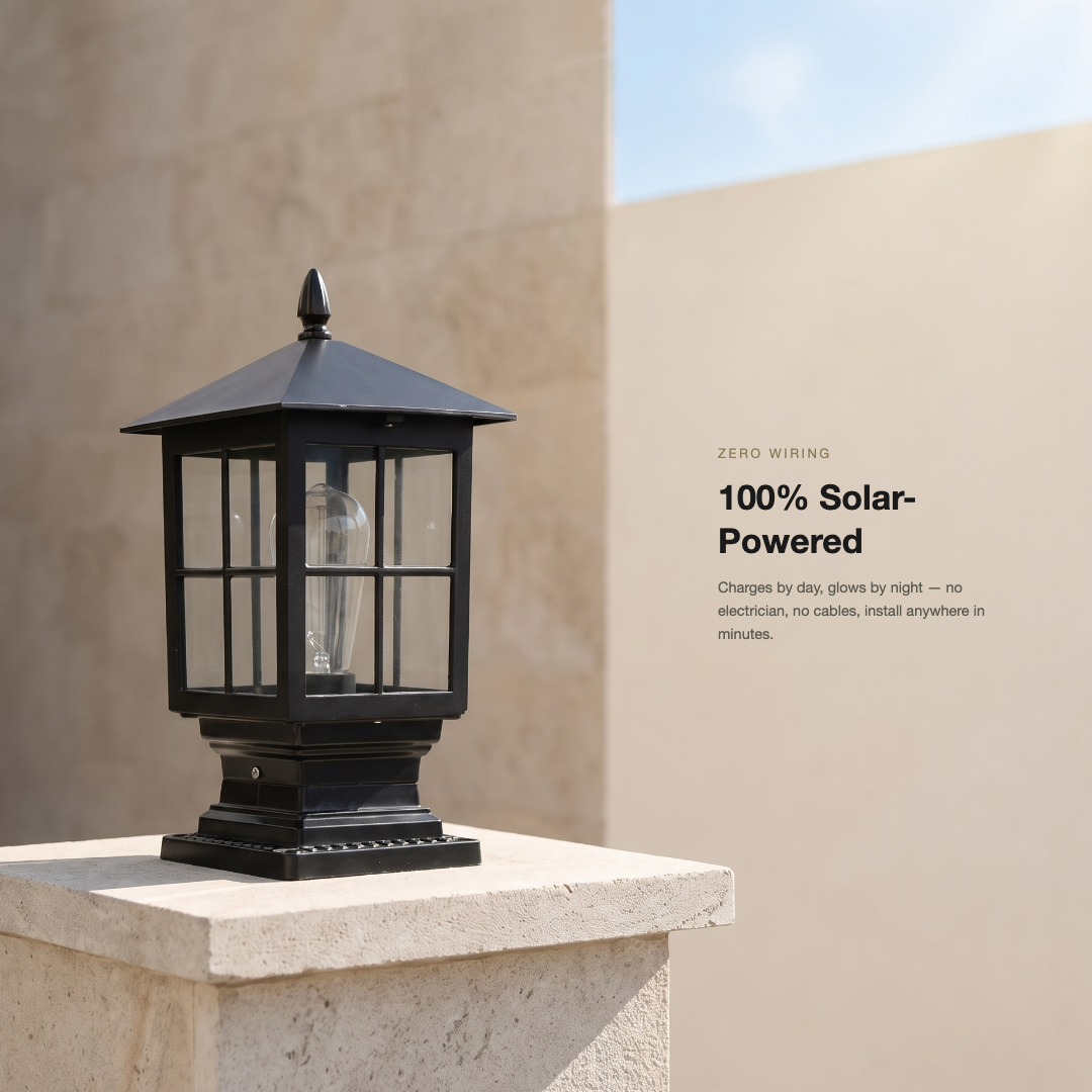 Black pillar lamp on a limestone-coloured post in bright daylight against beige walls, with a caption about solar power and no wiring. 4