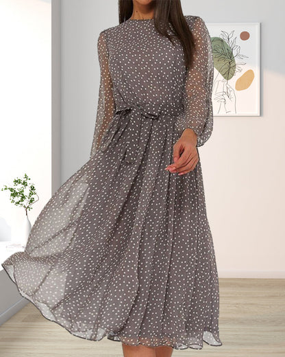 Women's Loose Polka Dot Dress Knee Length A Line Long Sleeve Casual 4