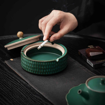 Handmade Ceramic Ashtray with Wooden Lid, 12.5 cm 2
