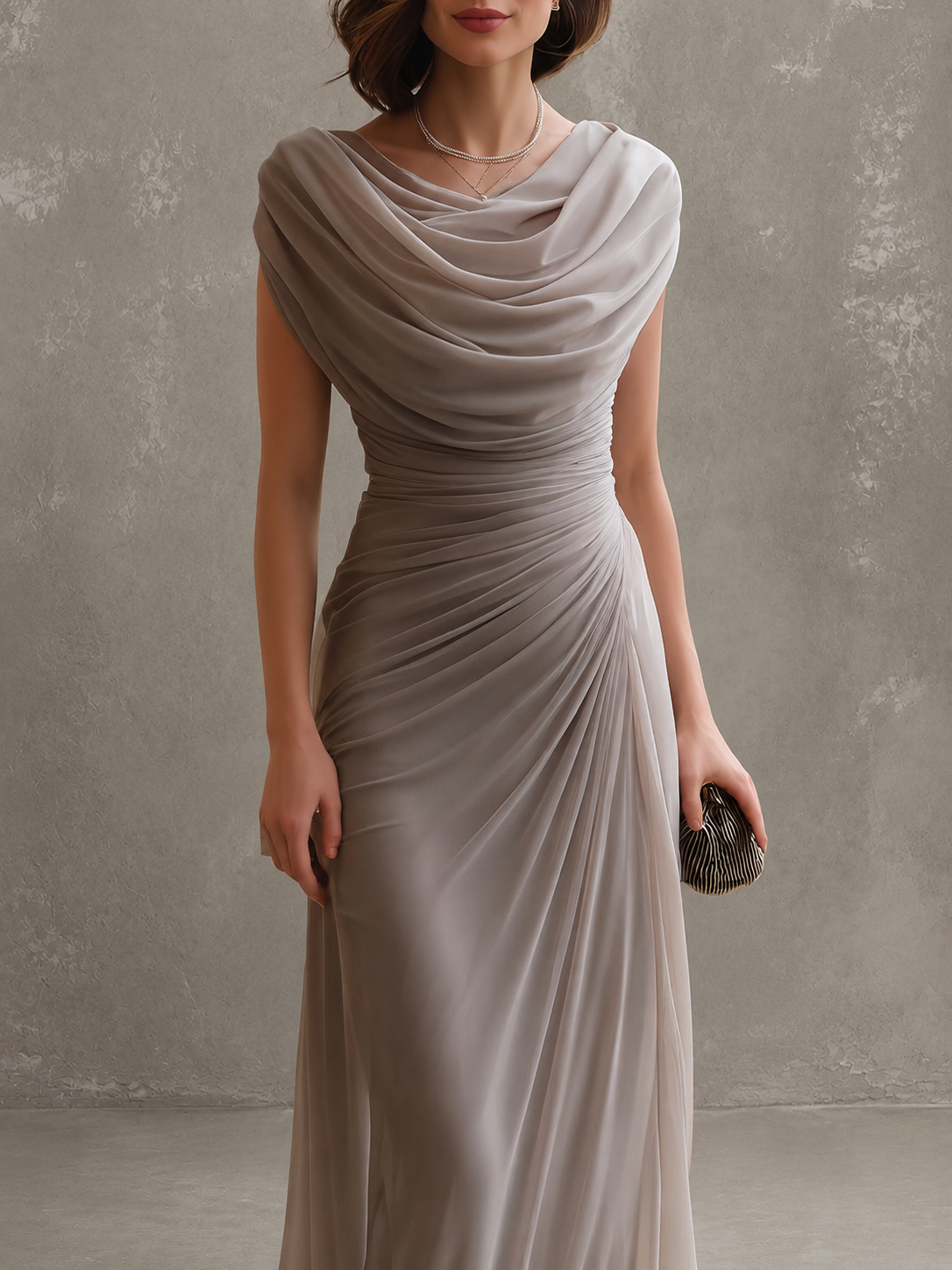 Close-up of the taupe-grey dress from neck to thigh, showing the soft cowl drape and gathered ruching at the waist. 7