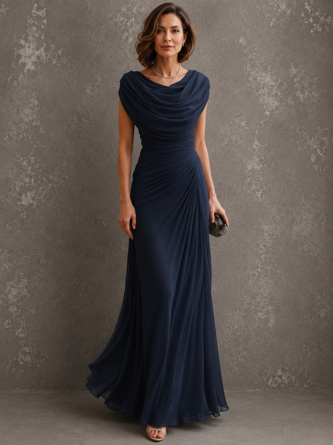 Full-length view of the dress in navy, worn by a model holding a small clutch, with draped cowl neckline and ruched waist. 2