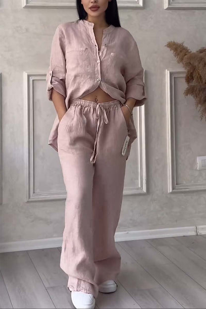 Trendy women's linen two-piece set with blouse & wide trousers – Lina