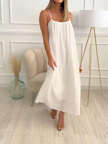 Maxi dress in cotton and linen with a round neckline – Elin