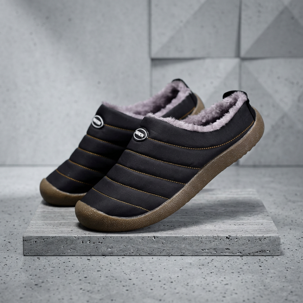 Black quilted slippers with fleece lining, one tilted on a stone platform in front of concrete tiles 19
