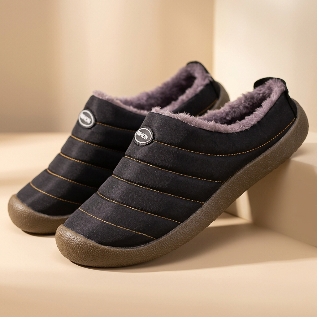 Black slippers with purple-grey fleece lining, one resting against a beige block 19