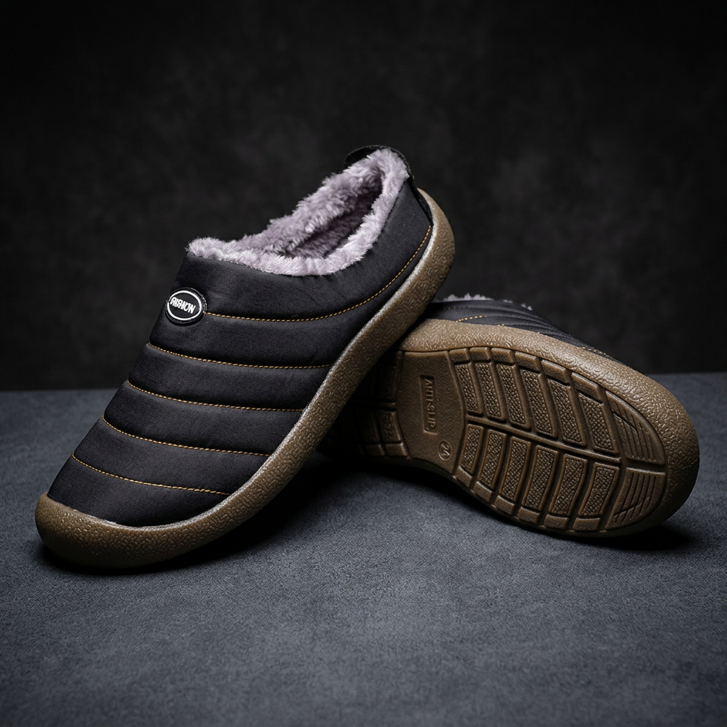 Black quilted slipper beside its upturned partner, showing the anti-slip tread pattern on the sole 19