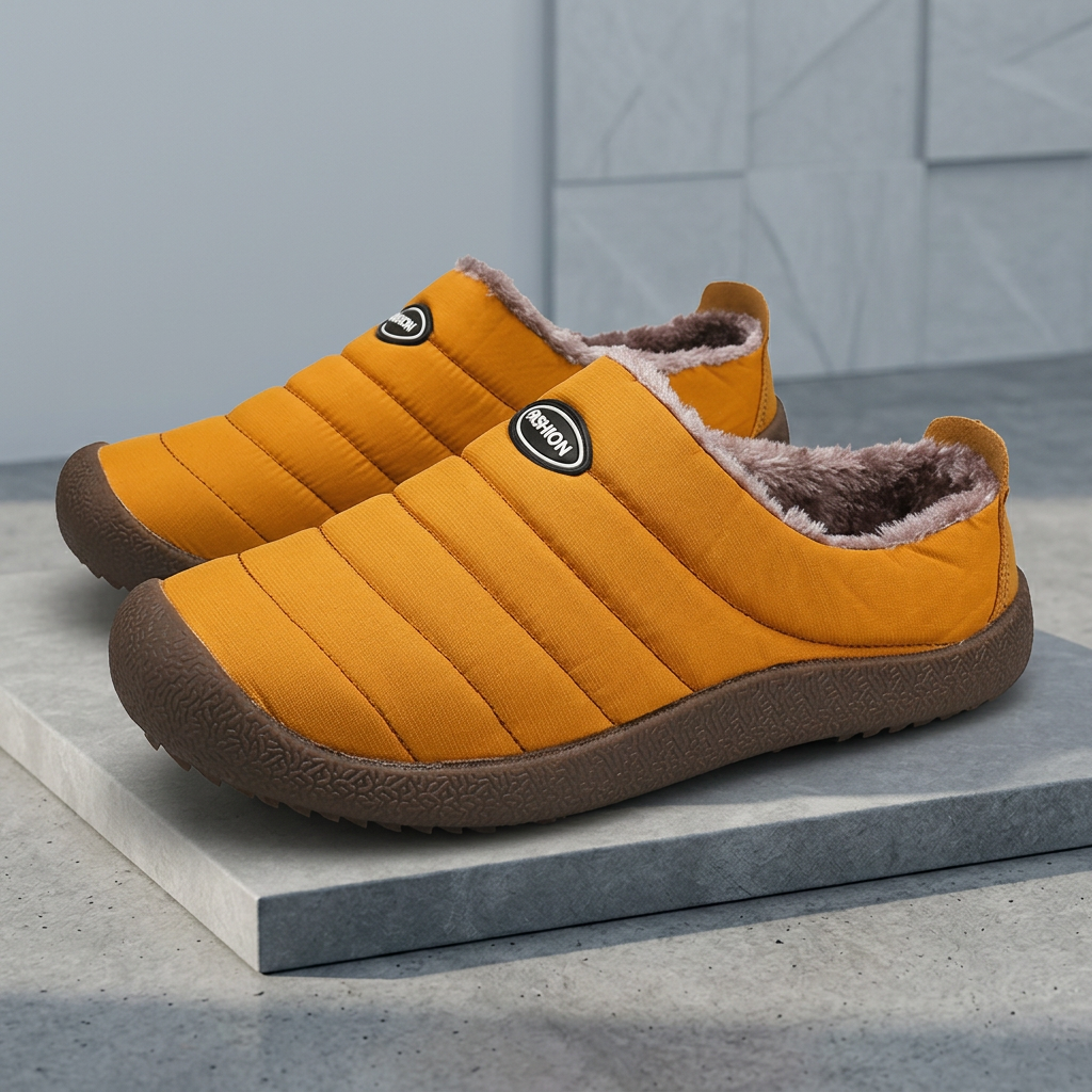 Pair of mustard quilted slippers with brown fleece lining, displayed on a grey stone slab 20