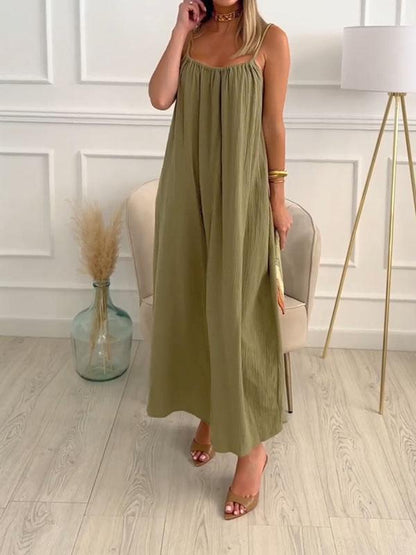 Maxi dress in cotton and linen with a round neckline – Elin