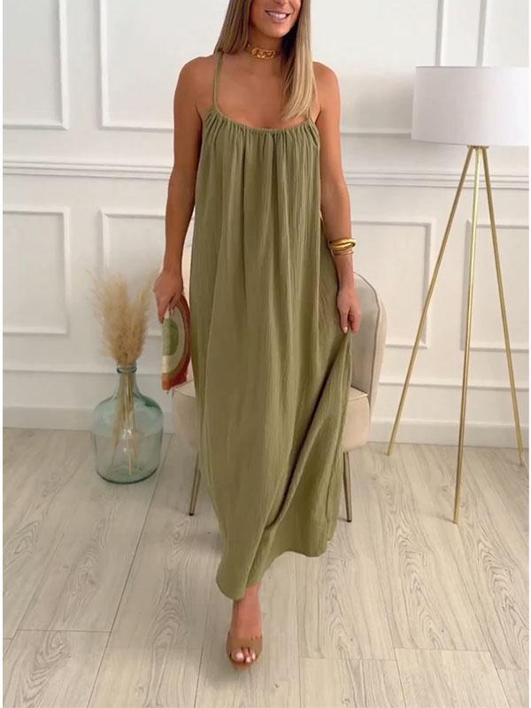 Maxi dress in cotton and linen with a round neckline – Elin