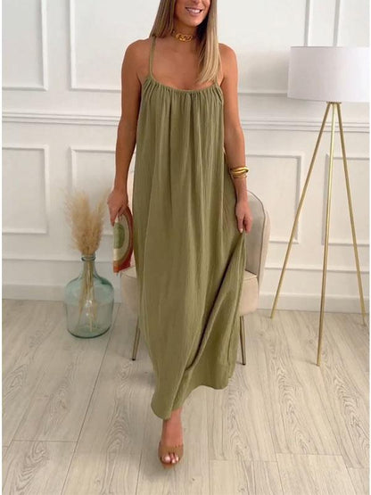 Maxi dress in cotton and linen with a round neckline – Elin