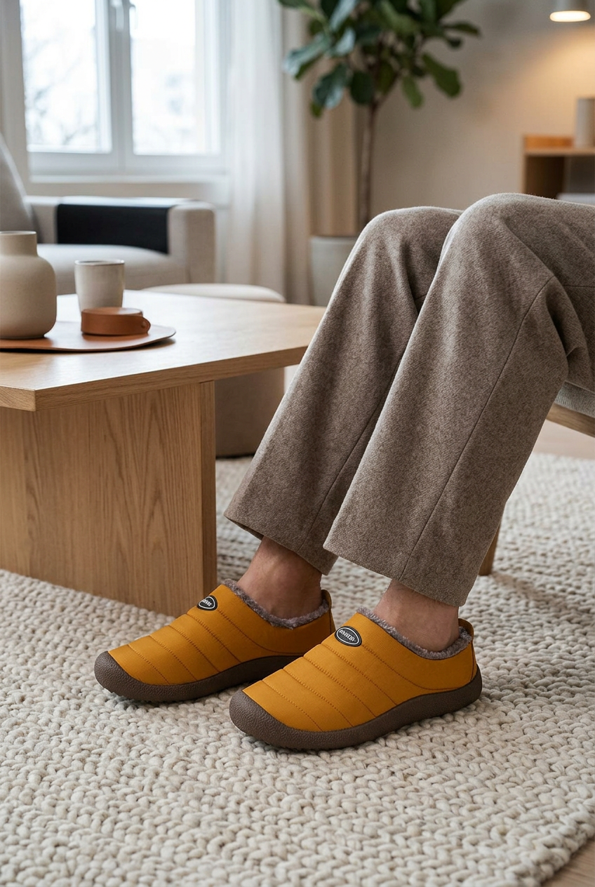 Mustard quilted fleece-lined slippers worn by a seated man in grey trousers on a cream rug 1
