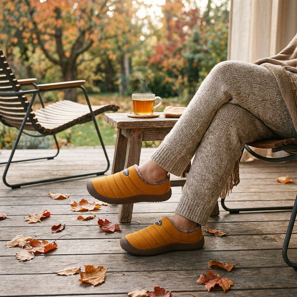 Mustard quilted fleece-lined slippers worn on a wooden autumn terrace beside a cup of tea 1