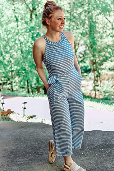 Striped summer jumpsuit for women with wide leg and V-neck – Alina