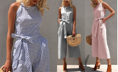 Striped summer jumpsuit for women with wide leg and V-neck – Alina