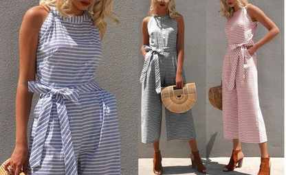 Striped summer jumpsuit for women with wide leg and V-neck – Alina