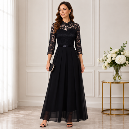 Model wearing the black version with scalloped lace sleeves, satin waist ribbon and a full chiffon skirt 3