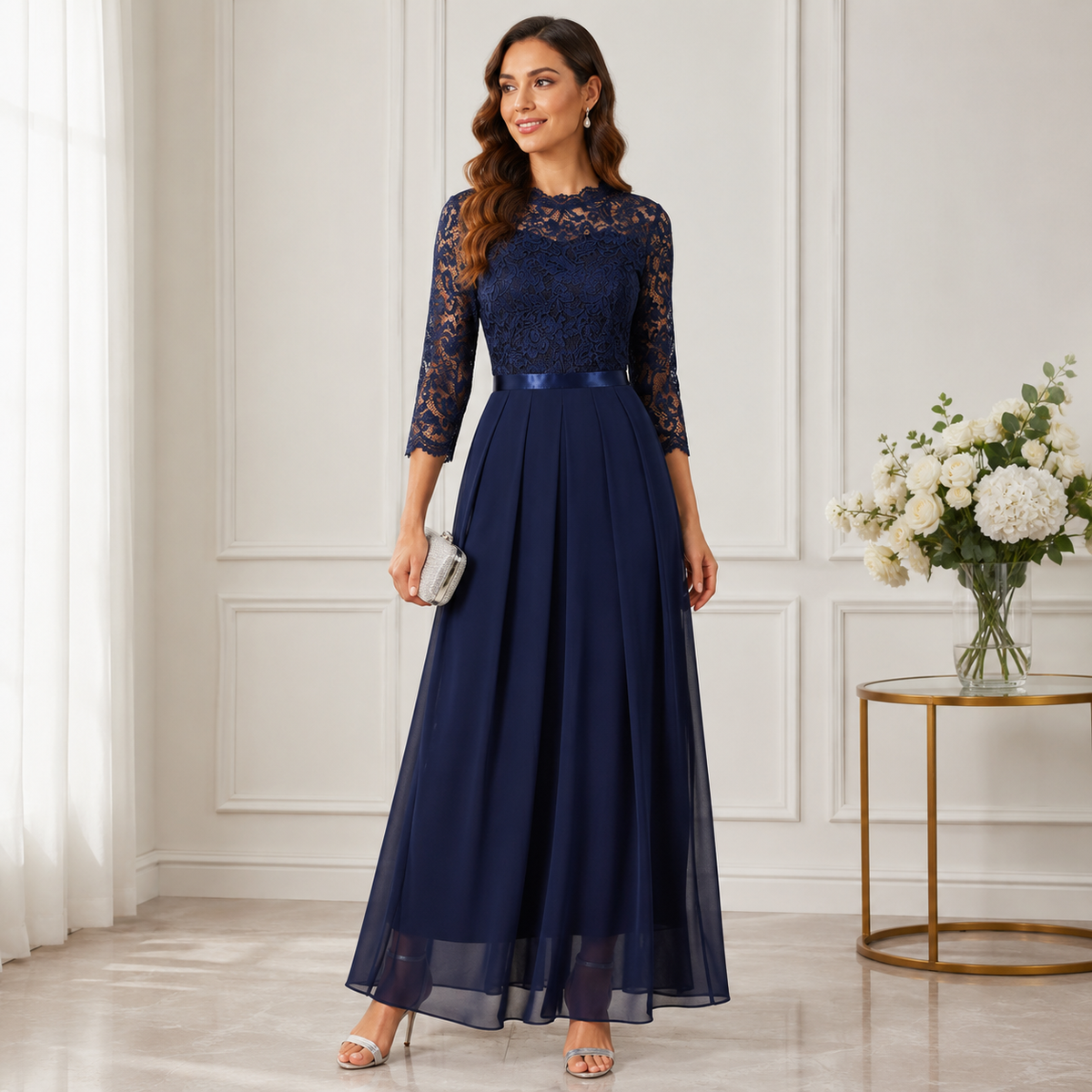 Model in a navy lace-bodice maxi dress with three-quarter sleeves and a flowing chiffon skirt 2