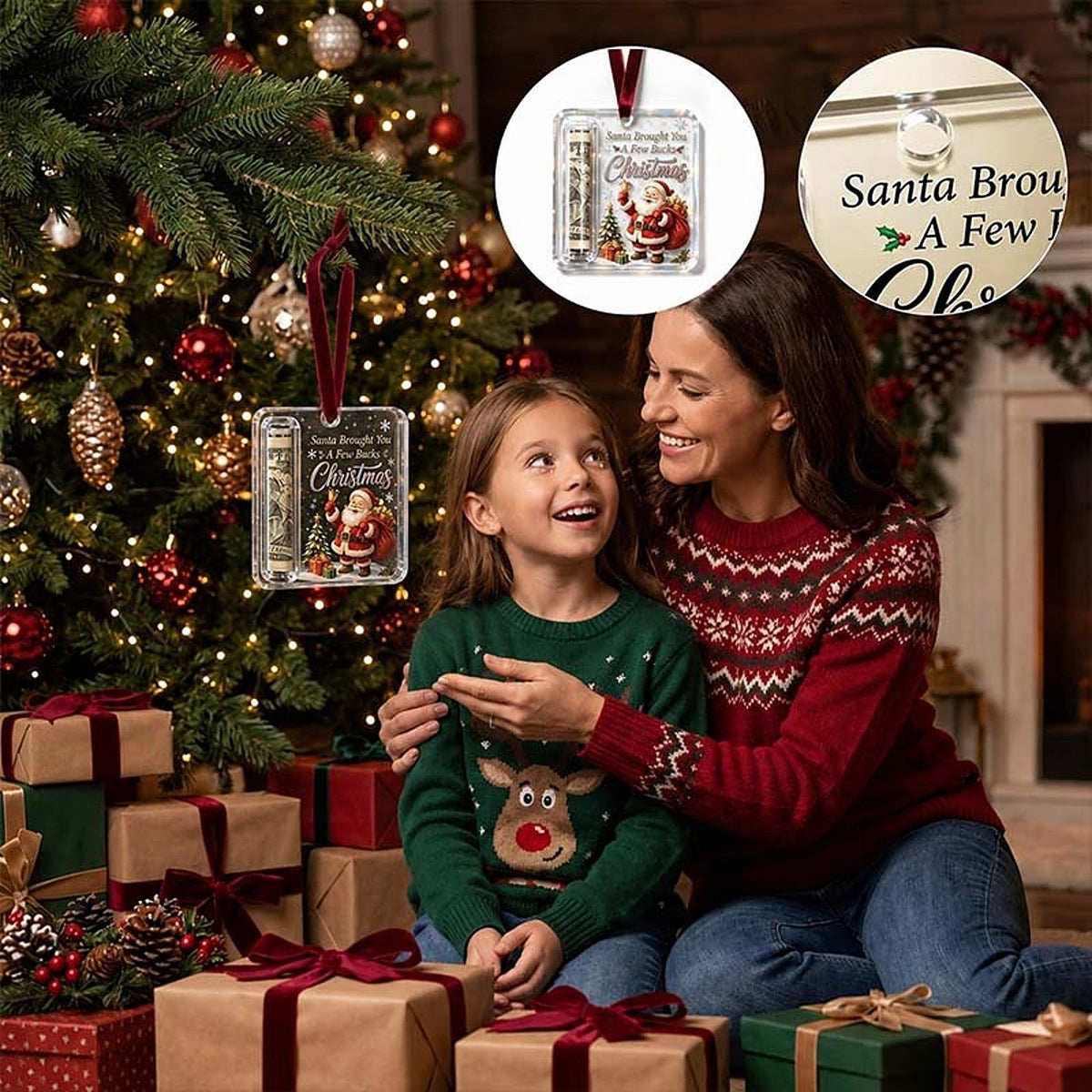 Clear acrylic ornament with a rolled note hanging on a lit tree, as a mother and daughter in jumpers look on, with detail insets. 1