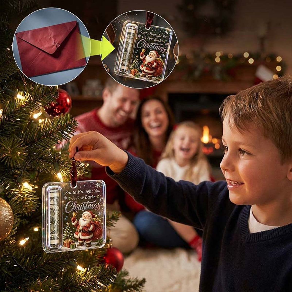 A boy hangs the ornament on the tree while a family laughs behind, with an inset comparing it to an envelope. 10