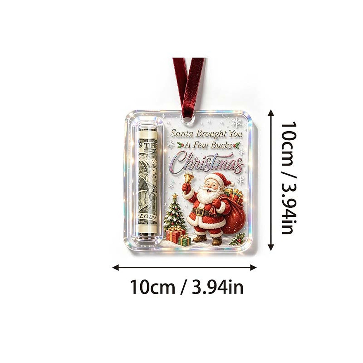 Santa ornament on a white background with measurement arrows showing it is about 10 centimetres square. 12