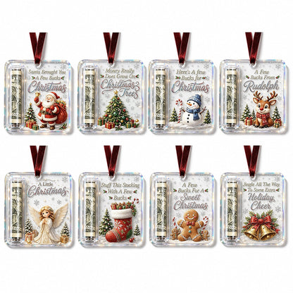 Eight acrylic money-holder ornaments in a grid, each with a different festive design and a rolled note on the left. 13