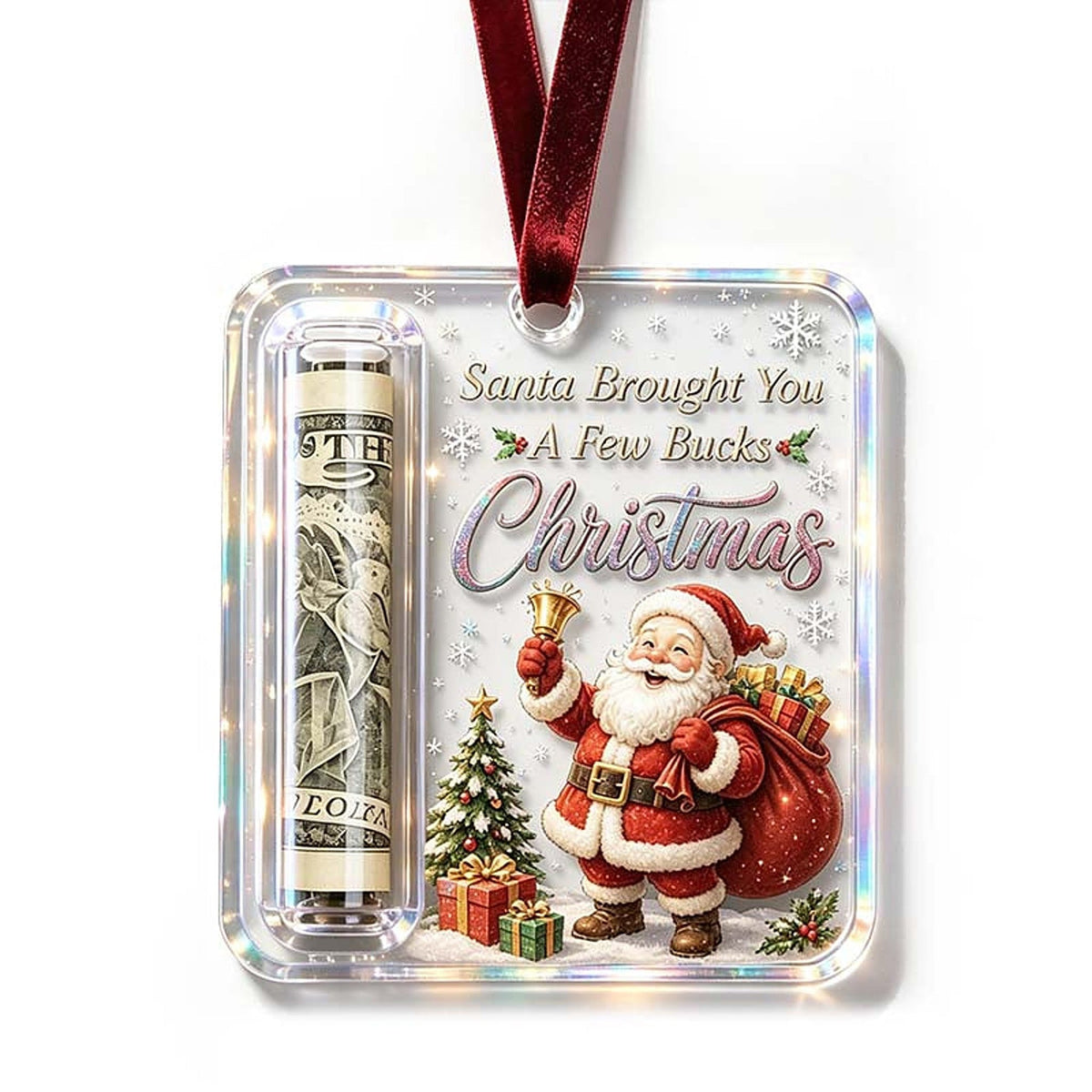 Single ornament with a smiling Santa carrying a sack of presents, a rolled note in the side tube and a red ribbon. 14
