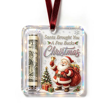 Single ornament with a smiling Santa carrying a sack of presents, a rolled note in the side tube and a red ribbon. 14