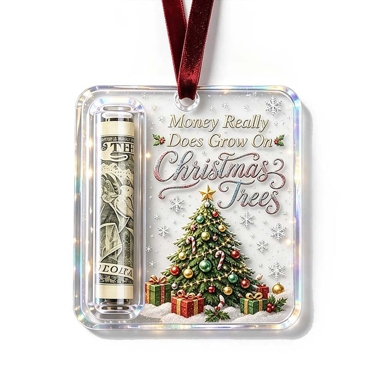 Ornament with a decorated Christmas tree and gifts, with a rolled note in the side tube and a red ribbon. 15